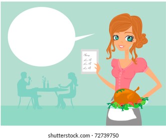 Beautiful Waitress serving a chicken