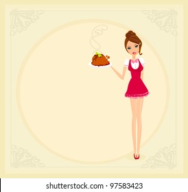 Beautiful Waitress serving a chicken