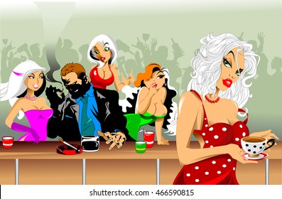 beautiful waitress serving customers in a nightclub, vector