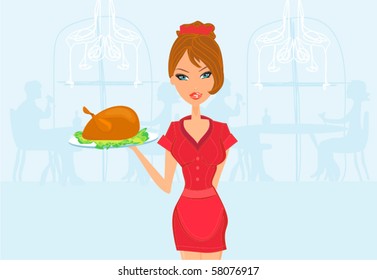 Beautiful Waitress serving a turkey