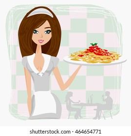 beautiful waitress with Spaghetti