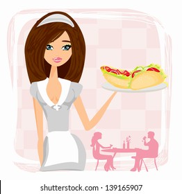 beautiful waitress with a tray.
