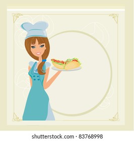 beautiful waitress with a tray.