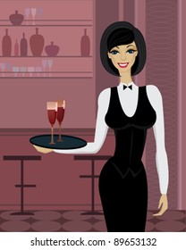 Beautiful waitress with tray in bar