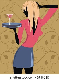beautiful waitress with a tray and a cocktail