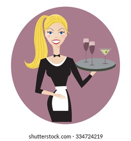 Beautiful waitress with tray of drinks 