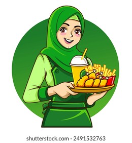 A beautiful waitress wearing a hijab is serving customers with a cheerful smile