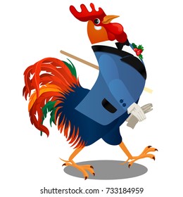 Beautiful walking rooster in a jacket with a brooch of leaves and berries of holly and walking stick isolated on white background. Vector cartoon close-up illustration.