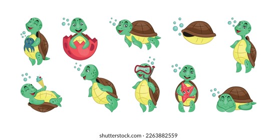 Beautiful walking turtles. Air bubbles, diving cute characters, little smile surfer, different activities. Reptile mascot, happy underwater creature. Vector tidy cartoon flat isolated images