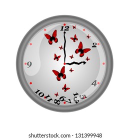 Beautiful wall clock with fluttering butterflies, vector illustration