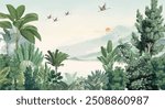 Beautiful wall murals are inspired by the most popular botanical artist in history, Tropical Plants with watercolor Background.