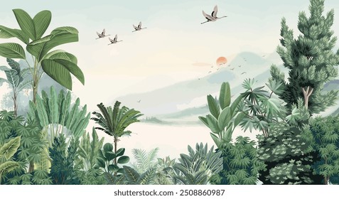 Hermosos murales de pared están inspirados en el artista botánico Las más populares en la historia, Plantas tropicales con fondo de acuarela.