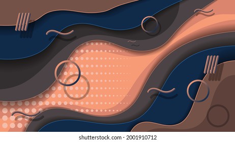 beautiful wallpaper with 3D effect. memphis style. rings of different sizes, curved wavy stripes against a background of overlapping brown, blue, coral textured abstract shapes. vector 