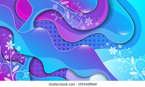 beautiful wallpaper with 3d effect. vegetable art elements on a turquoise pink background overlapping abstract textured shapes with stroke and wavy edges. vector 