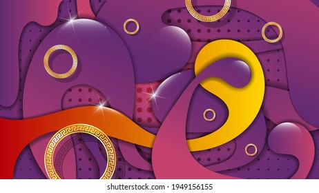 beautiful wallpaper with ancient greek motives. gold rings with ancient Greek ornament on a background of overlapping abstract shiny shapes with smooth edges. vector 