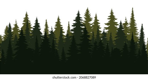 Beautiful wallpaper green pines on white backdrop. Vector silhouette. Natural style. Spring forest trees. Vector collection. Nature background vector. Beautiful landscape.