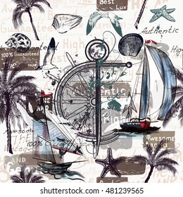 Beautiful wallpaper pattern with ships shells and palm trees for design. Sea and vacation theme