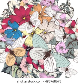 Beautiful wallpaper pattern with vintage flowers and butterflies for design
