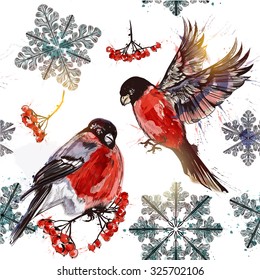 Beautiful wallpaper pattern in watercolor style with bullfinches  rowan and snowflakes on a Christmas theme