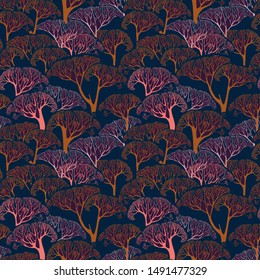 beautiful wallpaper with trees. Seamless vector pattern in saturated dark colors.