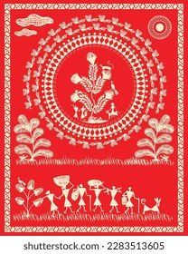 Beautiful warli painting. Bird and Tree Warli Painting, Wallpaper, illustration, Vector warli art, Design art.