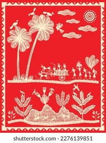 Schöne Warli-Malerei, Bull-Auto, Baum, Vogel wirkliches Leben gezeigt in Warli Malerei. Moderne Gemälde, Bildschirmhintergrund Vektor Warli Kunst.