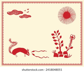 Un bonito cuadro de Warli que representa una pelea entre una mongosta y una serpiente. Ilustración de conflicto de vida silvestre, arte tradicional indio, batalla serpenteante de mongostas