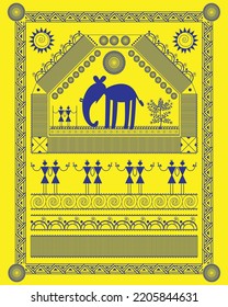 Beautiful Warli painting. Elephant, Monkey, Sun in warli art, pattern, illustration, Vector, Wall Painting.