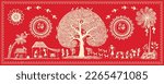 Beautiful warli painting with indian rural life. Rural area with beautiful nature in warli wall painting. Illustration, Vector, Drawing.