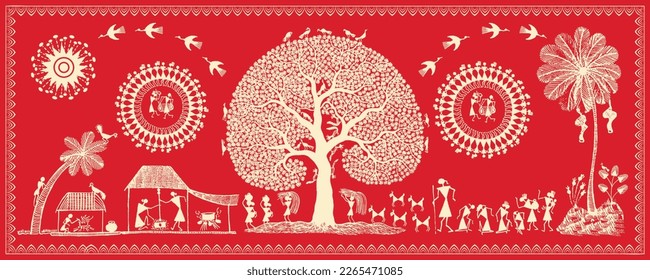 Beautiful warli painting with indian rural life. Rural area with beautiful nature in warli wall painting. Illustration, Vector, Drawing.