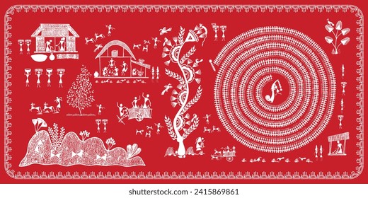 Beautiful warli painting with indian rural life. Illustration, Vector, Drawing. Rural area with beautiful nature in warli wall painting. 