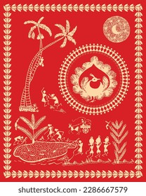 Beautiful warli painting is maharashtrian style art. indian traditional peacock design. Bird and Tree, The lake Warli Painting, Wallpaper illustration Vector warli art.