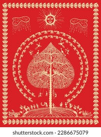 Schöne Warli-Malerei ist maharashtrianische Kunst. Bull Auto, Tree, Vogel wirkliches Leben gezeigt in Warli Malerei. Moderne Gemälde, Bildschirmhintergrund Vektor Warli Kunst. 