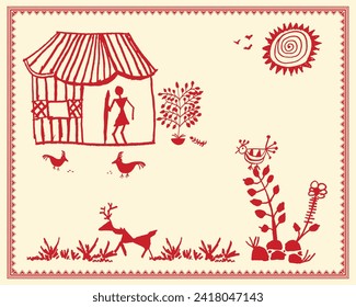 Ein wunderschönes Gemälde aus Warli, das die Balance von Tier- und Pflanzenwelt und Landschaft zeigt. Natur Landschaftliche Kunst, Naturbilanz, Harmonie Malerei auf dem Land.