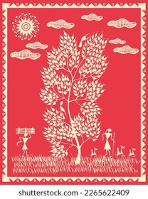 Schöne Gemälde aus Warli, die indischen Bauern mit Naturzeichnung zeigen. Ländliche Gegend mit schöner Natur in warmen Wandmalereien. Illustration, Vektorgrafik, Zeichnung.