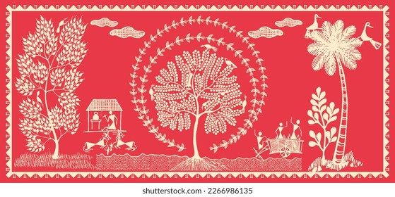 Beautiful warli painting showing indian farmer with nature drawing. Rural area with nature in warli wall painting. Illustration, Vector, Drawing.