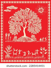 Beautiful warli painting showing indian art. Bird and Tree Warli Painting, Wallpaper illustration Vector warli art.