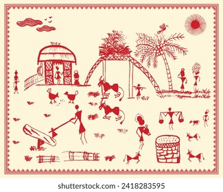 A beautiful Warli painting that takes a look at the day-to-day work in the Indian countryside. Rural Indian Life Illustration, Traditional Warli Artwork, Village Scenes Painting