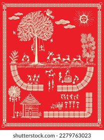 Schönes warlisches Gemälde. Wahres Leben im indischen Dorf. Vogel- und Baum-Warli-Malerei, Tapete-Illustration Vector Warli Kunst.