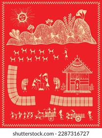Beautiful warli painting. True life in indian village. India farming process, Got and Tree Warli Painting, Wallpaper illustration Vector warli art.
