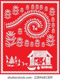 Schönes warlisches Gemälde. Wahres Leben im indischen Dorf. Baum-Warli-Malerei. Moderne Gemälde, Bildschirmhintergrund Vektor Warli Kunst. 