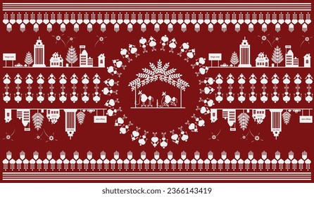 Schöne warli Gemälde Vektorgrafik mit indianischem Landleben. Ländliches Gebiet mit schöner Natur in warli Wandmalerei in India Illustration, Zeichnung, Vektorgrafik