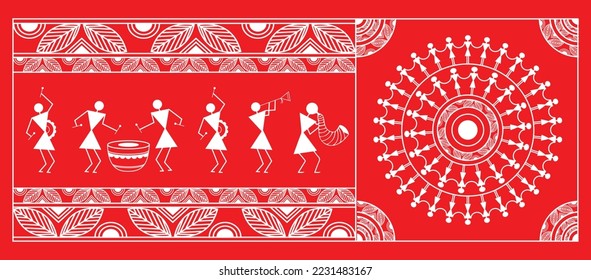 Schöne Wandmalerei von Warli. Celebration Moment zeigt Kunst, Vektorgrafik, Illustration, Zeichnung.