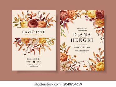 Beautiful Warm Autumn Floral On Wedding Invitation Card Template