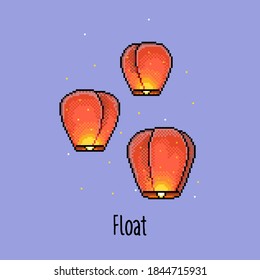 Beautiful warm sky lanterns in the old pixel style. Launch lanterns into the sky for a loving, festive atmosphere. Fiery light in the night sky. Beautiful vector illustration for posters, stickers.