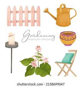 Beautiful water color set of garden tools, accessories and plants such as fence, wood, watering can, bag, nursery, flower, chair, cup