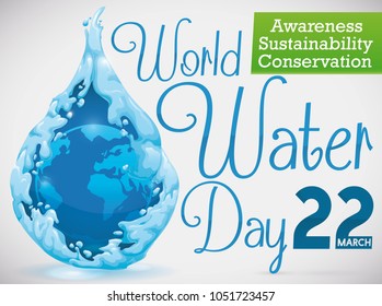 Beautiful water drop with Earth planet inside of it, resembling the calm and beauty of the nature and the importance of its protection in World Water Day.