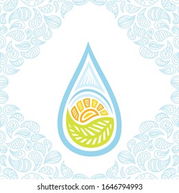 Hermosa agua cae sol y hojas. Ilustración del vector