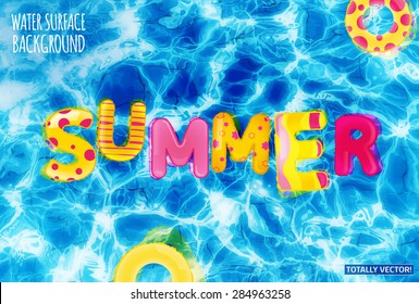 Beautiful water surface illustration with sun reflections. Totally vector colorful image. Bright inflatable yellow and red rubber letters and rings. Ideal swimming pool, basin, sea and ocean texture.