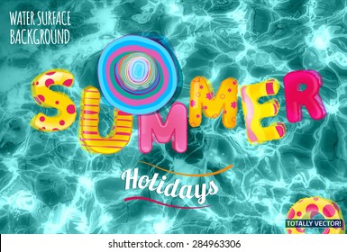 Beautiful water surface illustration with sun reflections. Totally vector colorful image. Bright inflatable yellow and red rubber letters, ring and floating hat. Ideal swimming pool and basin texture.